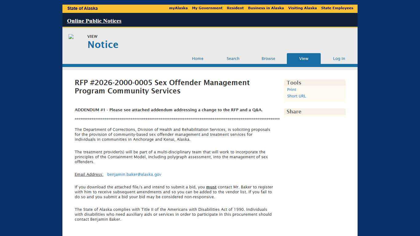 RFP #2026-2000-0005 Sex Offender Management Program Community Services - Alaska Online Public Notices