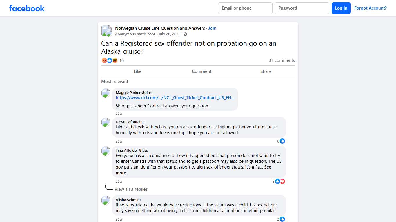 Norwegian Cruise Line Question and Answers Can a Registered sex offender not on probation go on an Alaska cruise Facebook